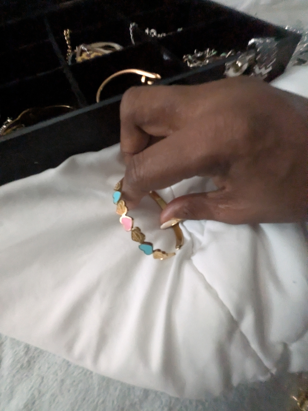 Stainless Steel Gold Tone Bracelet with Pink and Turquoise Heart Accents